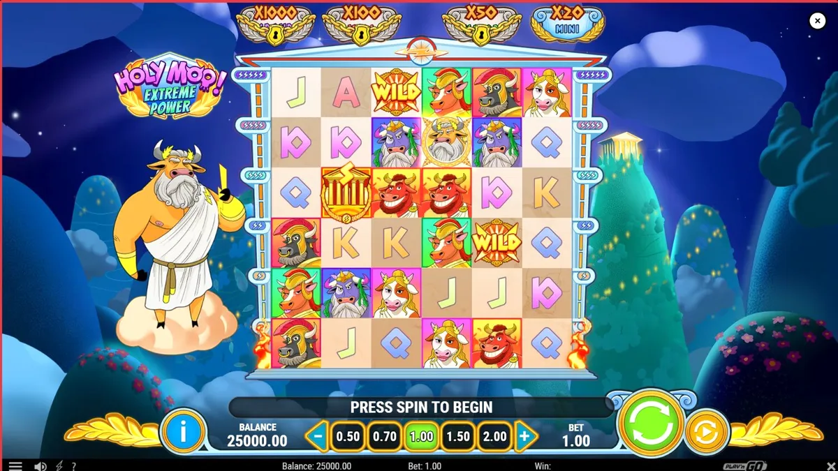 Tampilan visual slot Holy Moo! Extreme Power dengan karakter dewa sapi yang lucu.